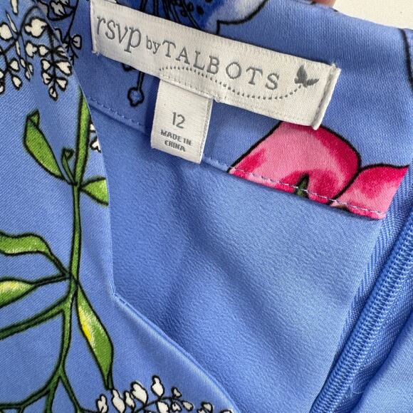 Talbots Dress Womens 12 Blue Floral Fit & Flare + Pockets Coastal Midi Zip Up - Picture 3 of 10